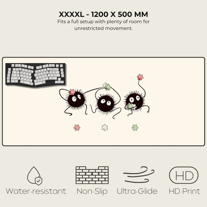 Large mouse pad with cartoon characters and product features on a white background