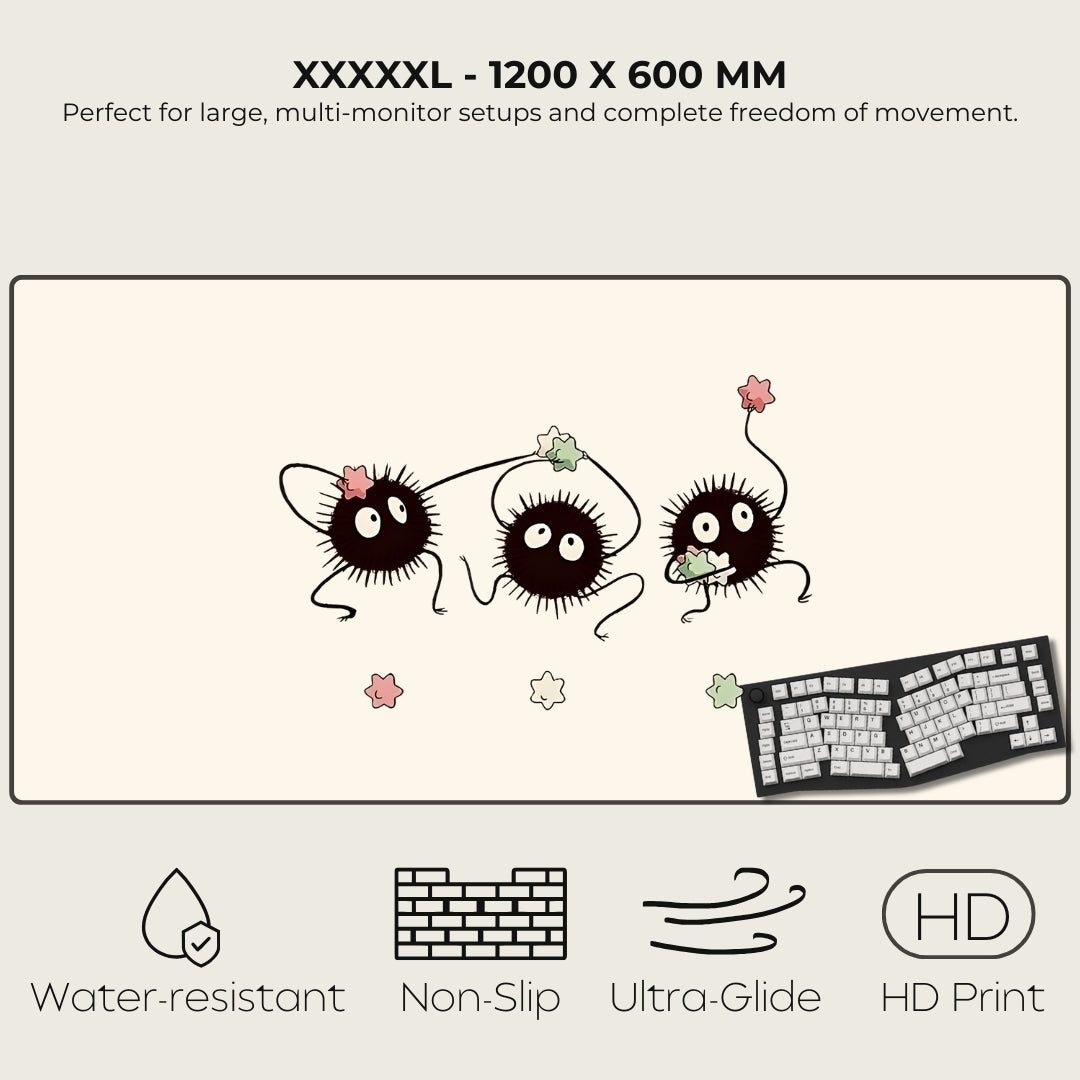 Large monitor stand with cartoon characters and keyboard, featuring text about size and features.