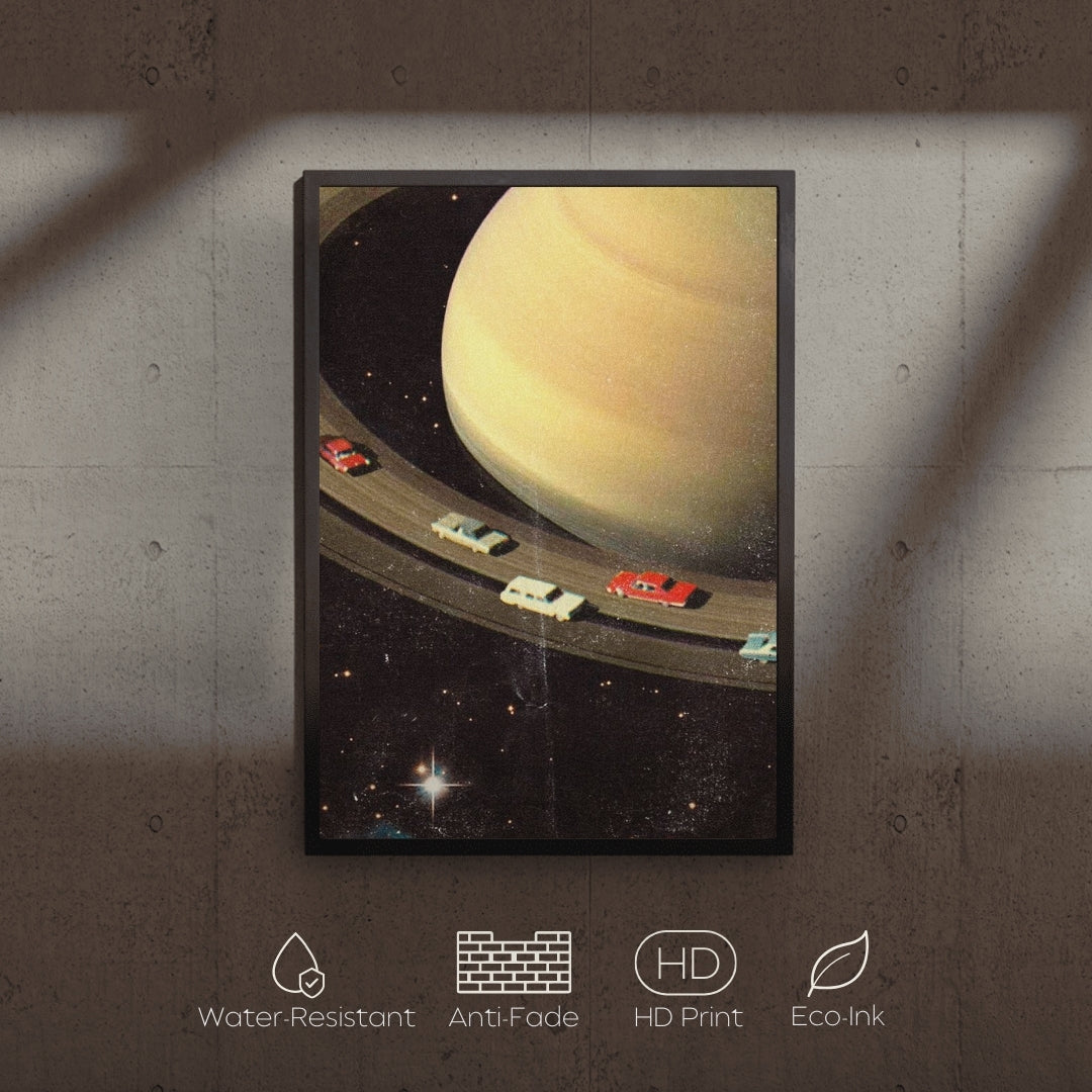 Framed artwork of a space scene with planets and spacecraft on a concrete wall.