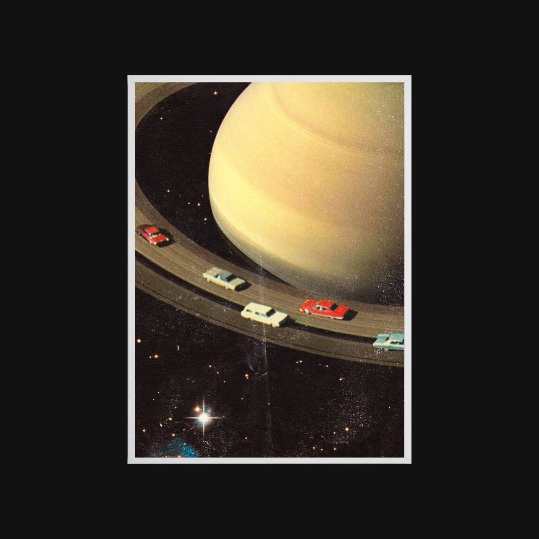 Illustration of a road around Saturn with cars on a black background