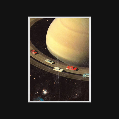 Illustration of a road around Saturn with cars on a black background