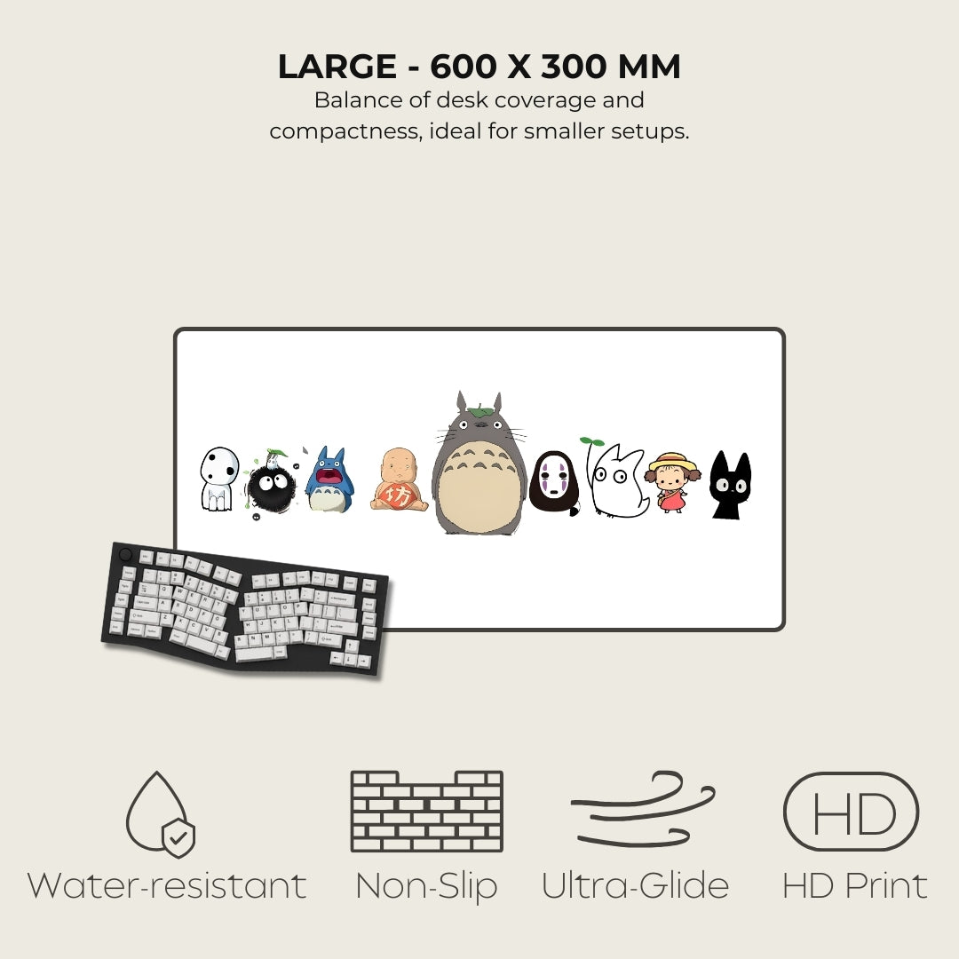 Keyboard mat with cartoon character designs on a white background, featuring text about size and features.