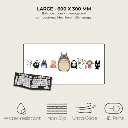 Keyboard mat with cartoon character designs on a white background, featuring text about size and features.