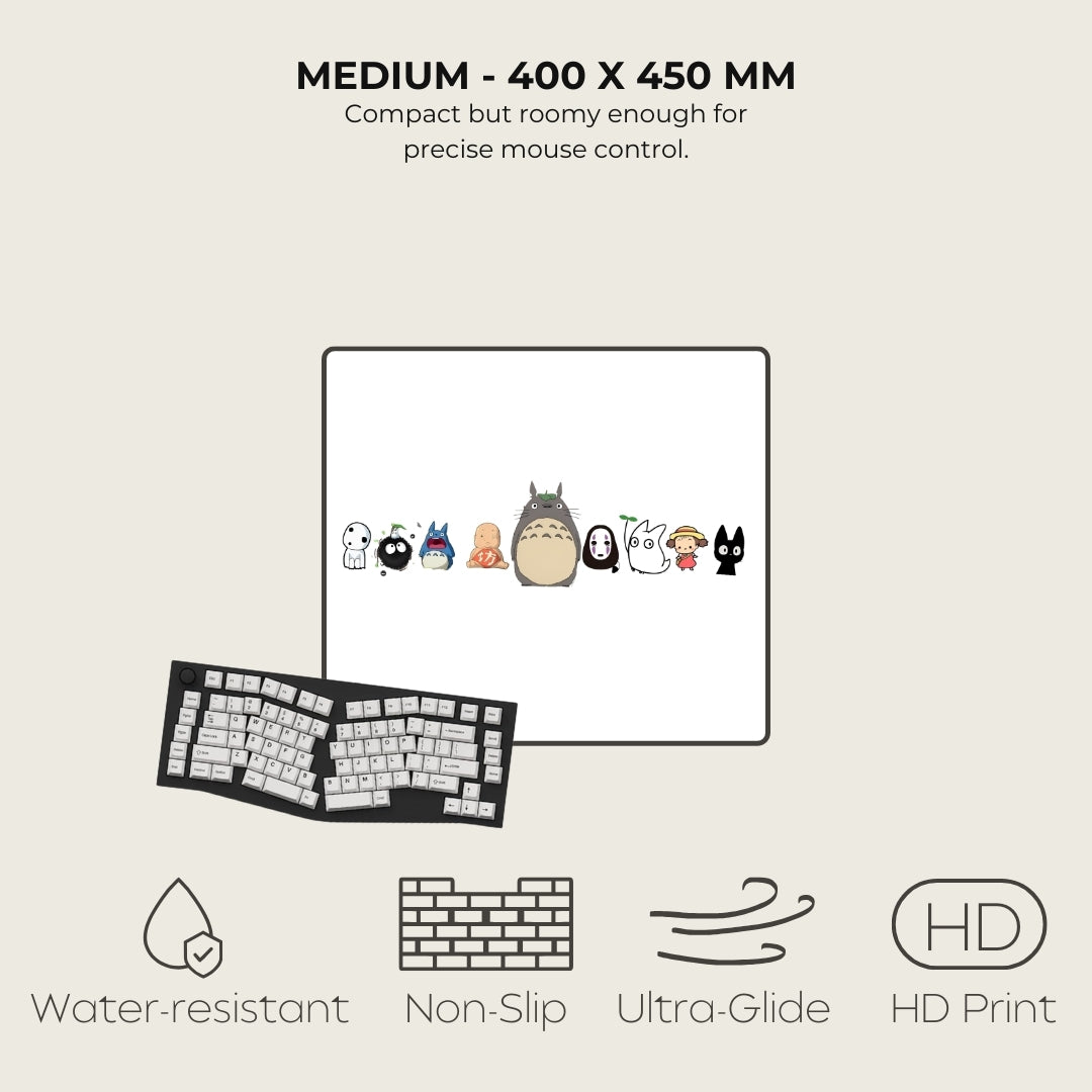 Mousepad with cartoon character stickers on a beige background, featuring text and icons about product features.