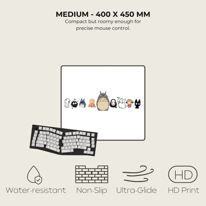 Mousepad with cartoon character stickers on a beige background, featuring text and icons about product features.