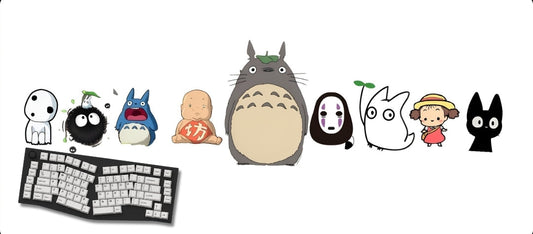 Collection of cartoon characters on a white background with a keyboard.