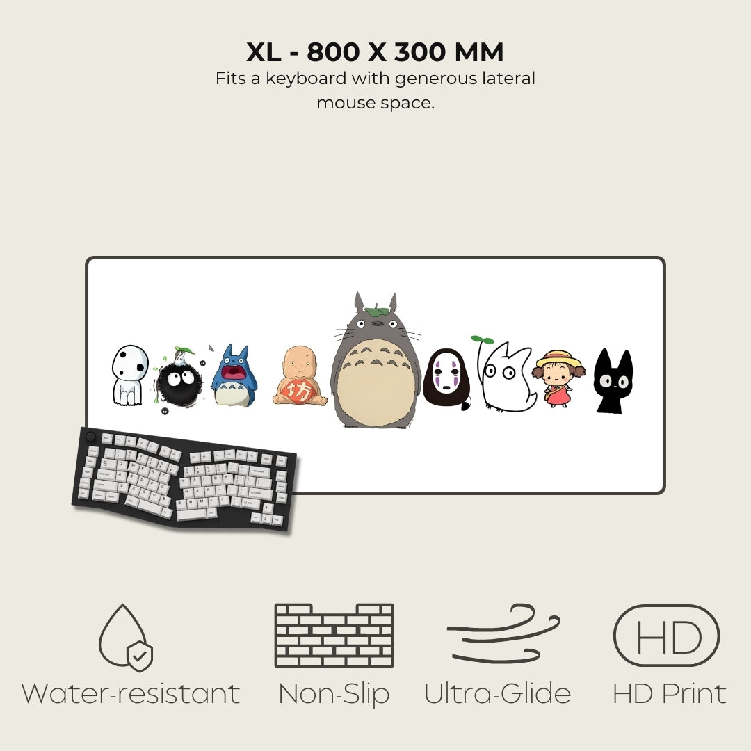 Large mouse pad with cartoon characters and specifications on a beige background