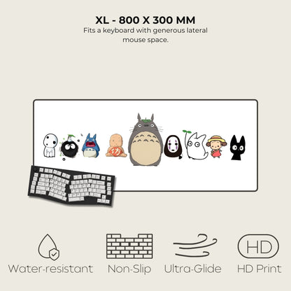 Large mouse pad with cartoon characters and specifications on a beige background