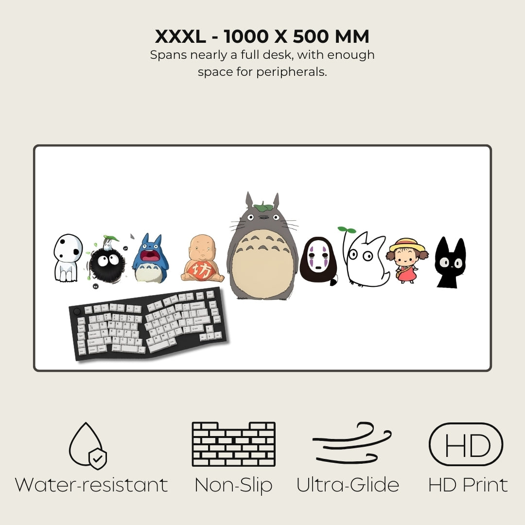 Large desk mat with cartoon characters and product features on a white background
