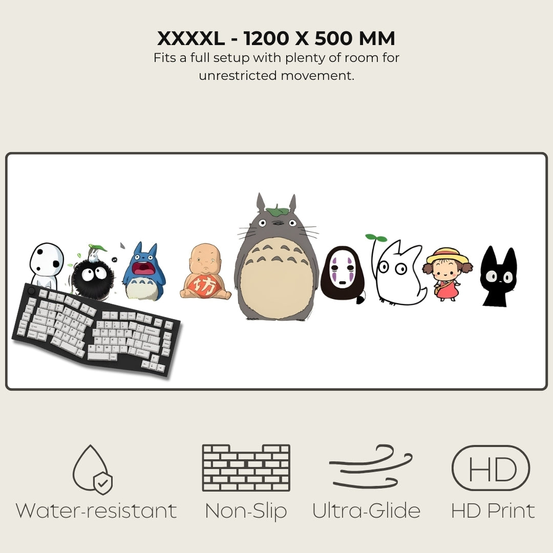 Keyboard mat with cartoon character illustrations and product features on a white background