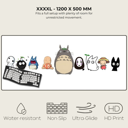 Keyboard mat with cartoon character illustrations and product features on a white background