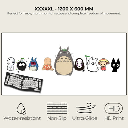 Large monitor with cartoon characters and keyboard on a beige background, featuring text about size and features.