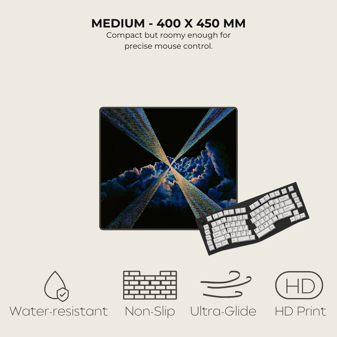 Mousepad on a light gray background, featuring text and icons about product specifications.