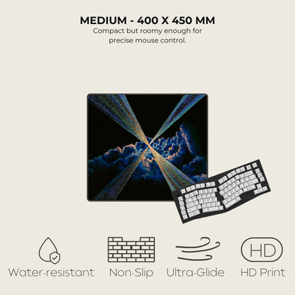 Mousepad on a light gray background, featuring text and icons about product specifications.