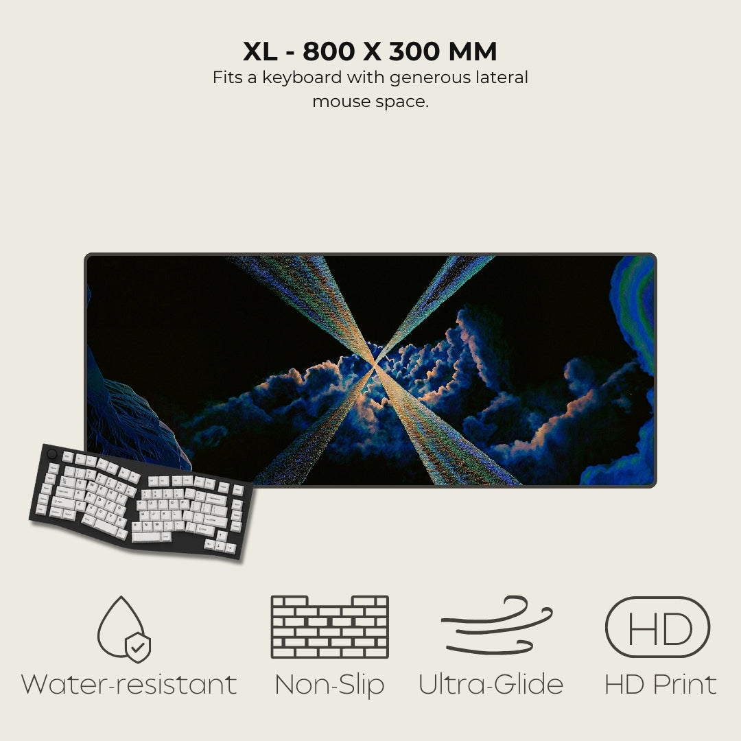 Large mouse pad with a scenic design, keyboard, and text about dimensions and features on a light background.