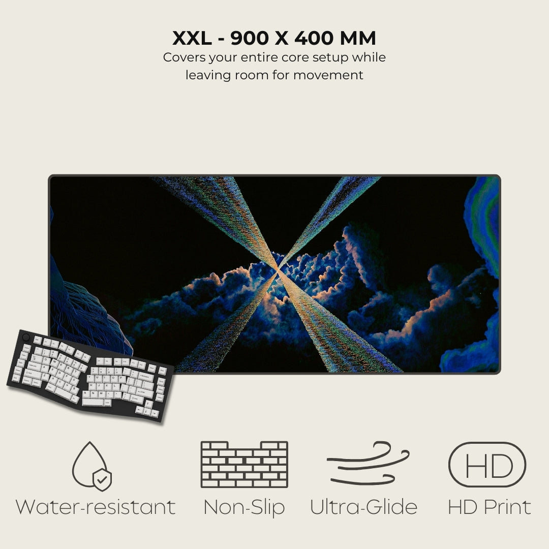 Large mouse pad with a keyboard, featuring text and icons indicating features.