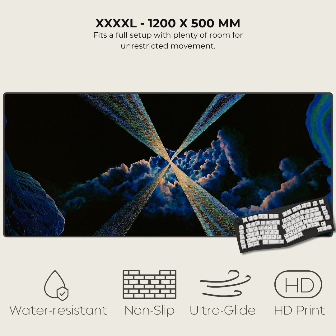 Large desk mat with a keyboard, featuring text and icons indicating features.