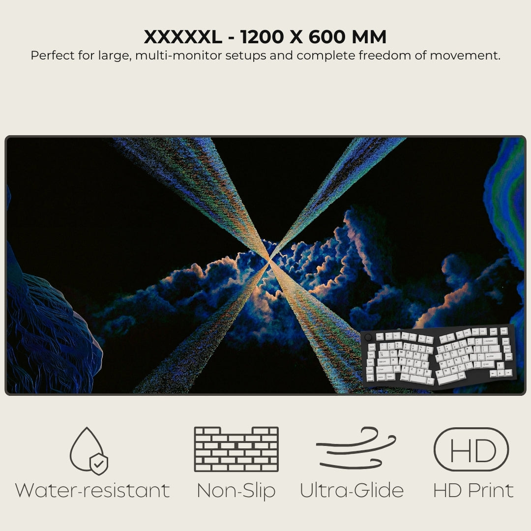 Large desk mat with a futuristic design, featuring text about size and features.
