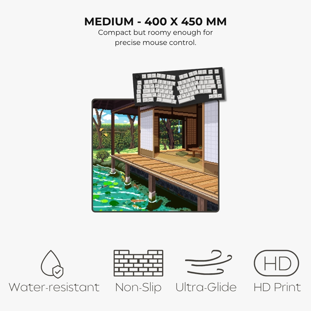 A product information graphic for a medium-sized mouse pad. The pad features a printed illustration of a traditional Japanese wooden pavilion over a green pond with koi fish.