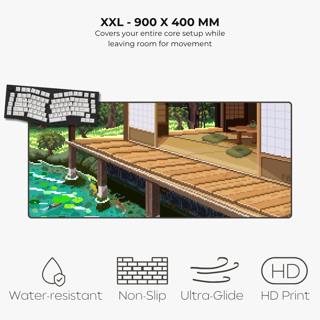 Pixel art print of a wooden boardwalk bridge over a green pond with a traditional house in the background, shown with text reading 'XXL - 900 X 400 MM' and feature icons for water-resistant, non-slip, ultra-glide, and HD print.