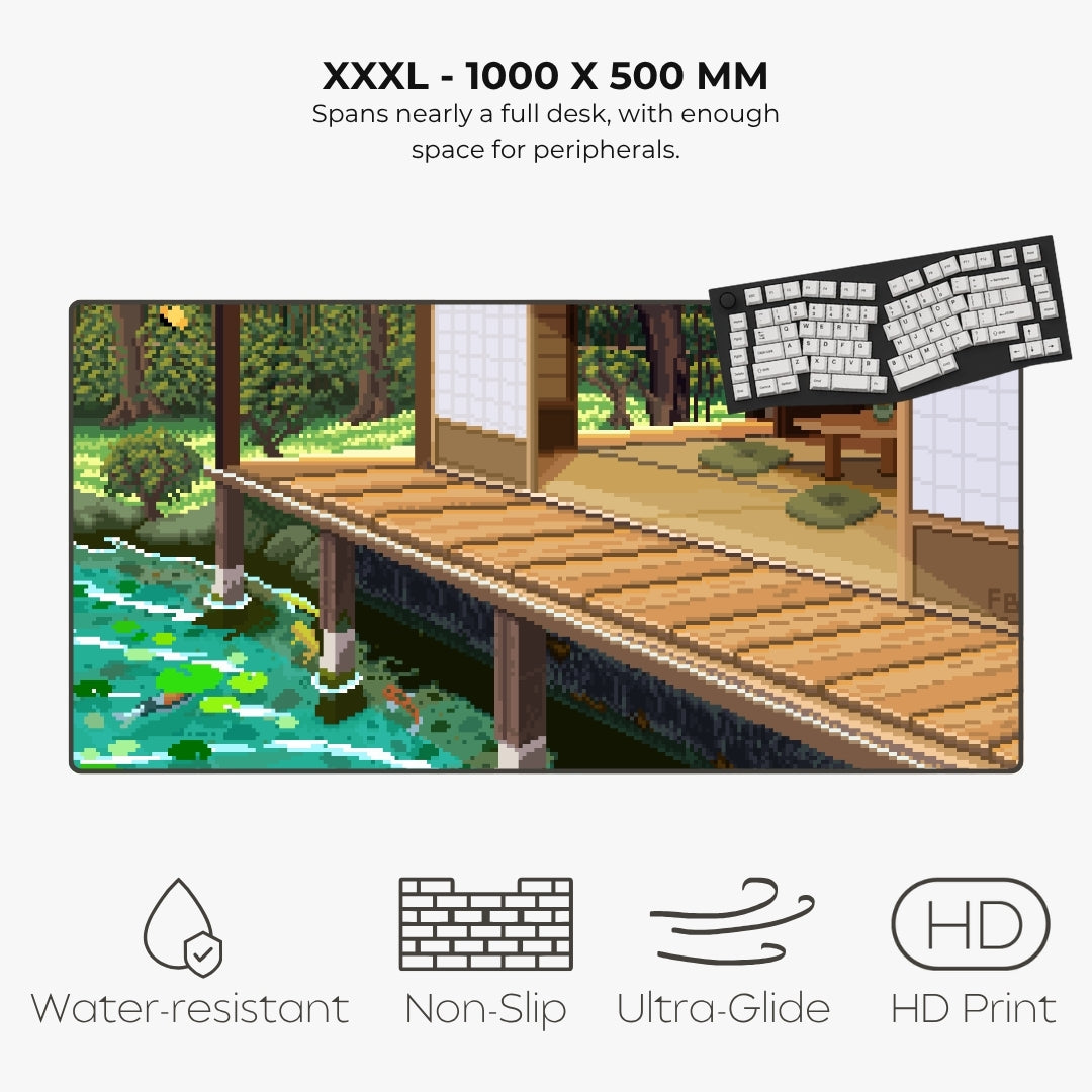 Pixel-art desk mat featuring a wooden deck and porch over a pond, with text reading 'XXXL - 1000 X 500 MM' and feature icons for water-resistant, non-slip, ultra-glide, and HD print.
