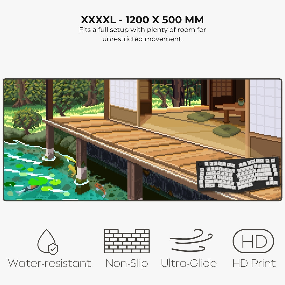 A product information graphic for a large pixel-art style keyboard mat. The top text reads 'XXXXL - 1200 X 500 MM' with a note about fitting a full setup with room for unrestricted movement.