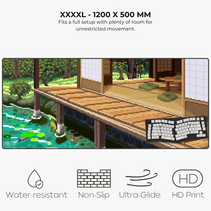 A product information graphic for a large pixel-art style keyboard mat. The top text reads 'XXXXL - 1200 X 500 MM' with a note about fitting a full setup with room for unrestricted movement.