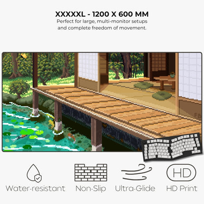 A large pixel art print showing a serene Japanese-style garden with a wooden deck and pond, with text reading 'XXXXXL - 1200 X 600 MM' and feature icons for water-resistant, non-slip, ultra-glide, and HD print.