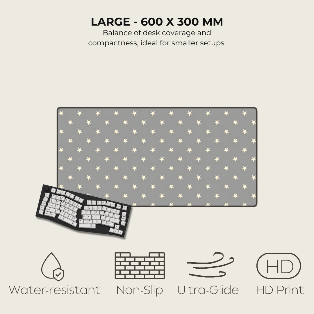 Gray desk mat with white star pattern, keyboard on the side, and feature icons below.