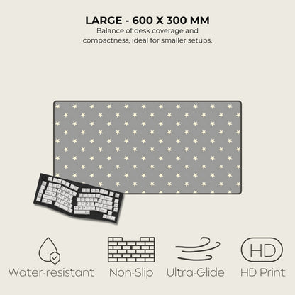 Gray desk mat with white star pattern, keyboard on the side, and feature icons below.