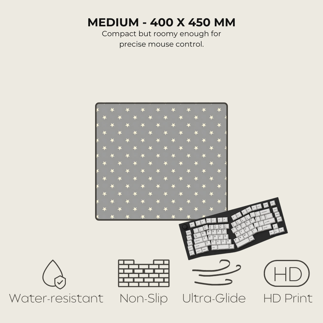 Gray mouse pad with star pattern, keyboard on the side, and product features listed.
