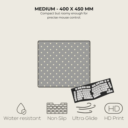Gray mouse pad with star pattern, keyboard on the side, and product features listed.