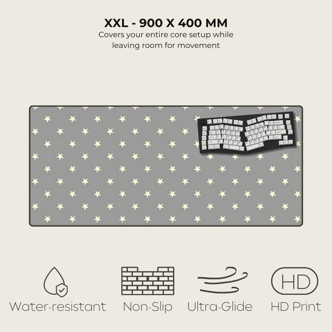 Gray star-patterned desk mat with a keyboard on a light gray background, featuring text and icons about product specifications.