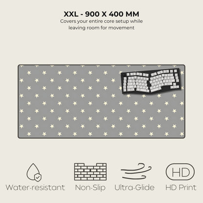 Gray star-patterned desk mat with a keyboard on a light gray background, featuring text and icons about product specifications.