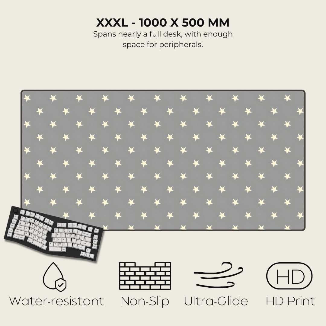 Gray desk mat with star pattern, keyboard on the left, and feature icons below on a white background.