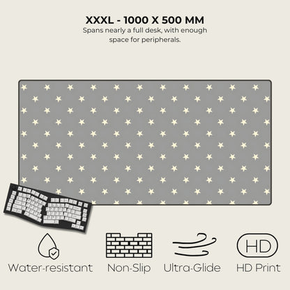 Gray desk mat with star pattern, keyboard on the left, and feature icons below on a white background.