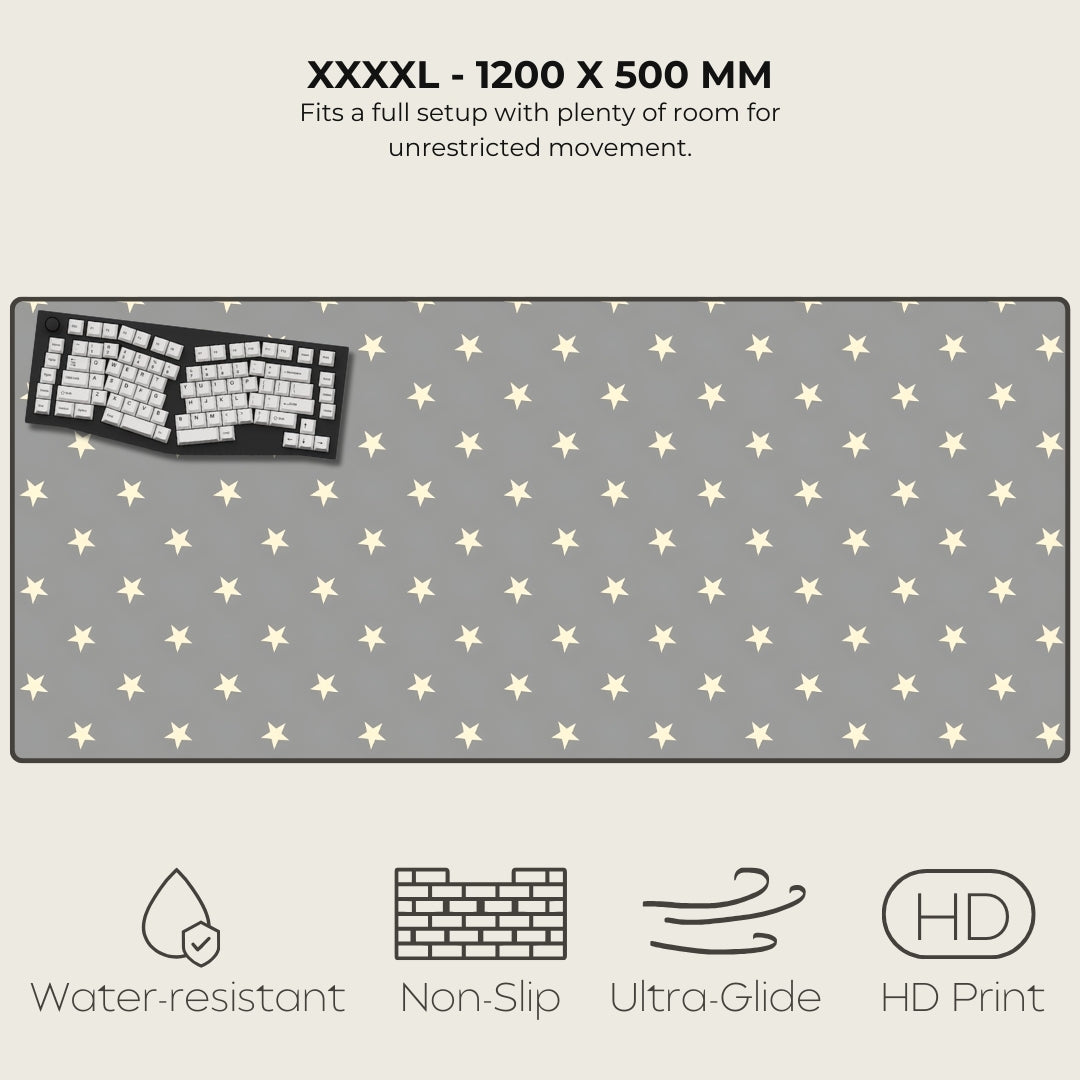 Gray desk mat with star pattern, keyboard on left, text and icons at top and bottom.