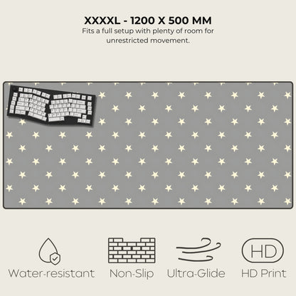 Gray desk mat with star pattern, keyboard on left, text and icons at top and bottom.