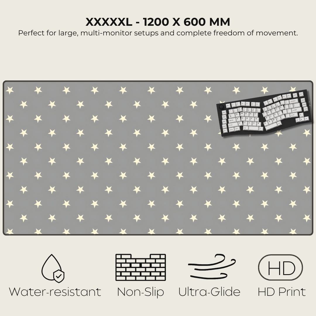 Large gray desk mat with star pattern and keyboard illustration, featuring text and icons indicating product features.