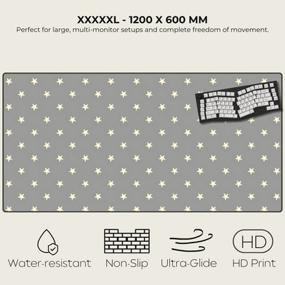 Large gray desk mat with star pattern and keyboard illustration, featuring text and icons indicating product features.