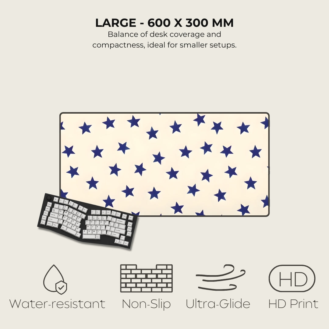 Star-patterned desk mat with keyboard on a light gray background, featuring text and icons about product features.