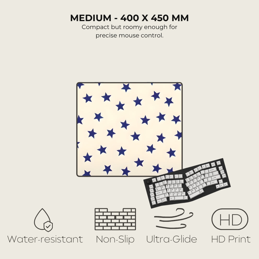 Star-patterned mouse pad with keyboard illustration and feature text on a light gray background