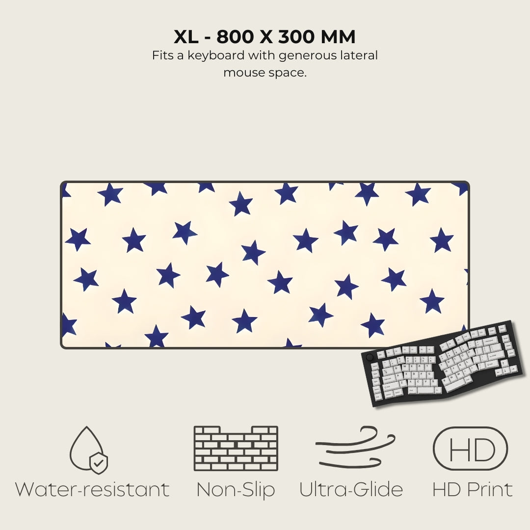 Large mouse pad with star pattern, keyboard on the side, and feature icons below.