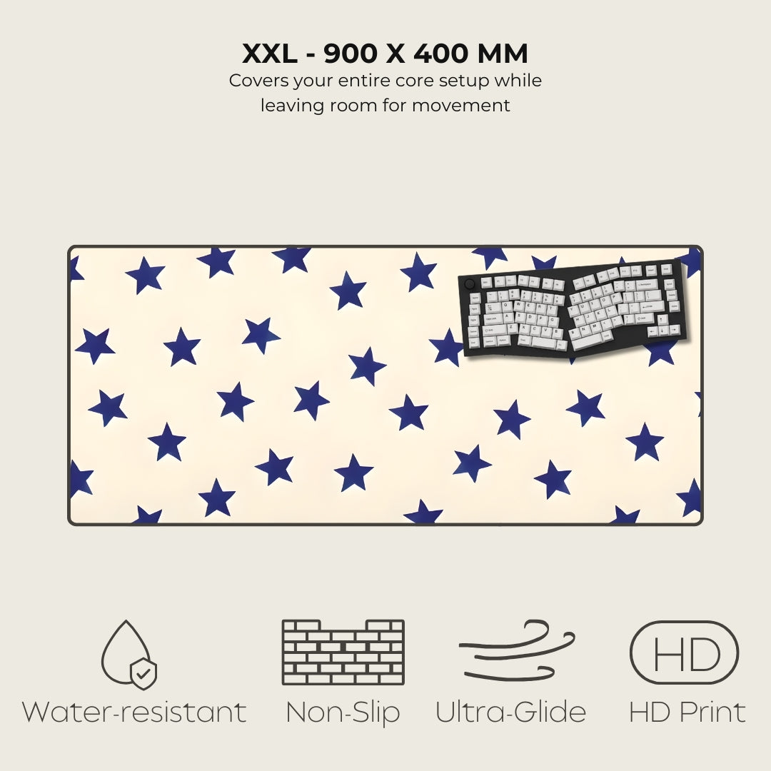 Star-patterned mouse pad with text and icons indicating features on a white background