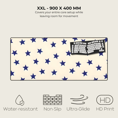 Star-patterned mouse pad with text and icons indicating features on a white background