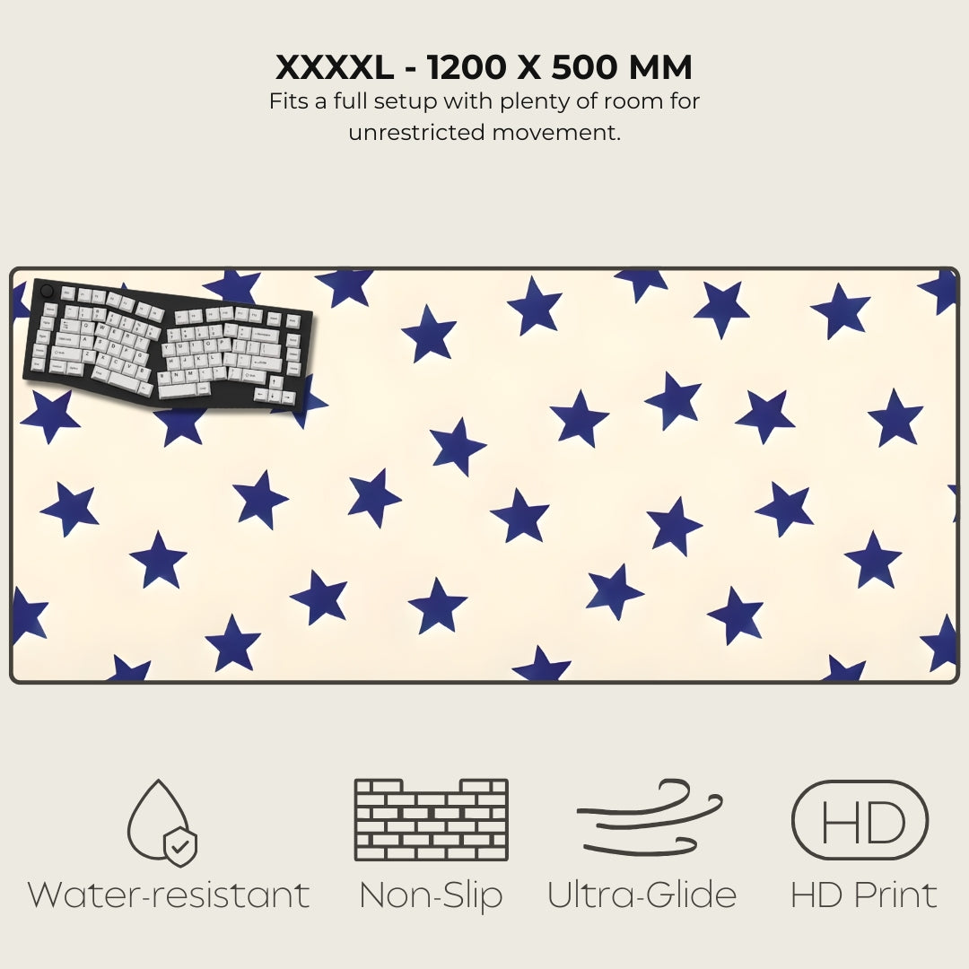 Large mouse pad with star pattern and keyboard on a white background, featuring text and icons indicating product features.
