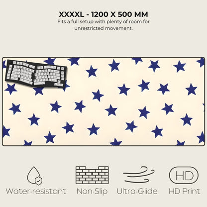 Large mouse pad with star pattern and keyboard on a white background, featuring text and icons indicating product features.