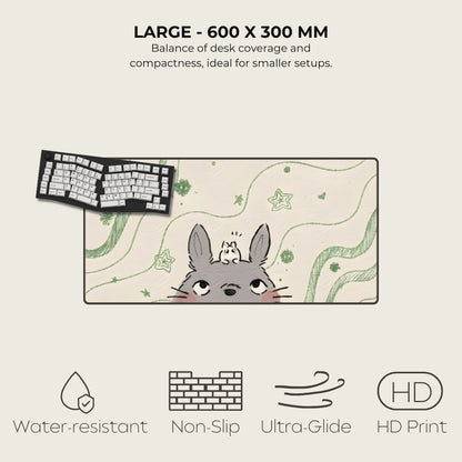 Large desk mat with cartoon character, keyboard on a beige background, features listed below.