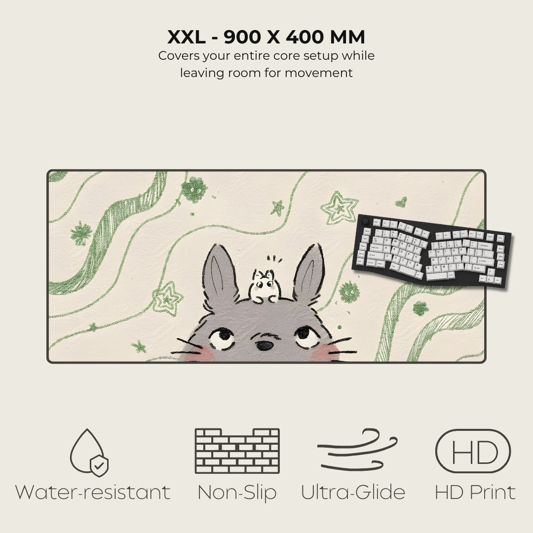 Large mouse pad with cartoon character design, featuring text on size and features.