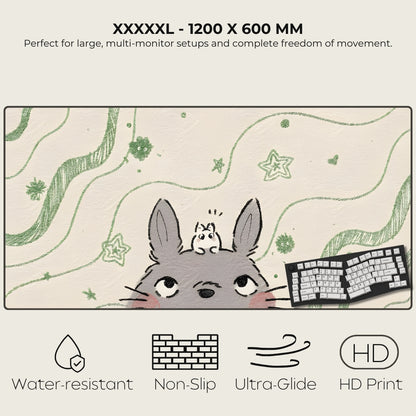 Large desk mat with cartoon character and keyboard, featuring text and icons indicating product features.